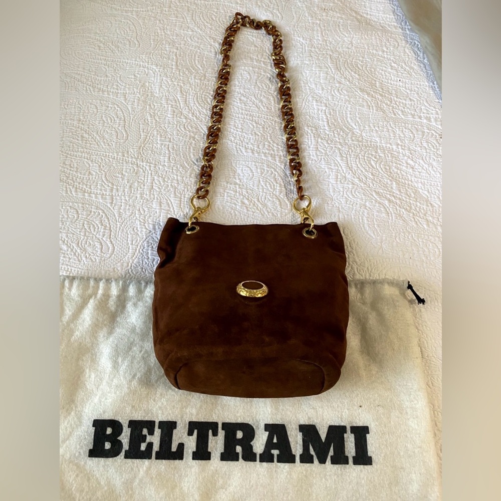 Beltrami Brown Suede with Gold and Brown Chain Strap Shoulder Bag Venezuela